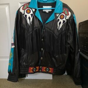Burray Olsen Designs Black Leather Jacket with Fringe and Turquoise Accents